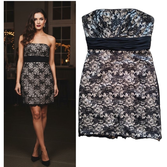 White House Black Market Dress Wmns Sz 4 Black Strapless Beaded Lace Knee Length - Picture 1 of 16